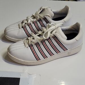 Mens 11 K-Swiss Classic Low sneakers with white leather uppers and red and blue